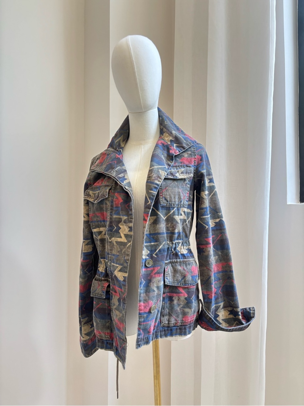 Ecote Multicolor Patterned Jean Jacket with Red & Blue Accents